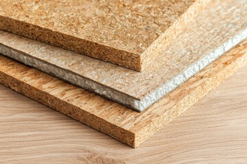 Close-up of innovative building materials, layered wood composites showcasing advanced construction