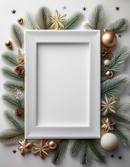 Christmas frame. bright white Christmas background with a white empty frame in the middle