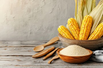 Golden Corn, Rustic Charm, A Kitchen Still Life. Wooden bowls, spoons, and cornmeal