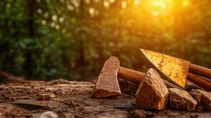 Close-up of ancient stone tools, sharp flint knives, and polished axes on a weathered wooden surface, symbolizing prehistoric craftsmanship and the dawn of human ingenuity