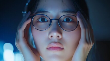 Fototapeta premium A woman with glasses holds her face in distress, highlighting her eye issue. The vibrant lighting enhances the emotional tension, revealing a blend of concern and surprise