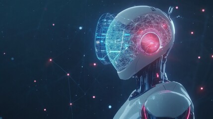 Futuristic robot head with a digital interface and glowing elements.