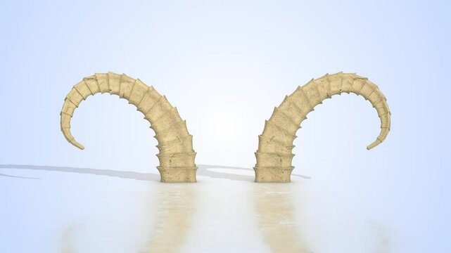 Pair of Horns on a Reflective Floor. Animal Horns 3D Animation. Wildlife. 4K
