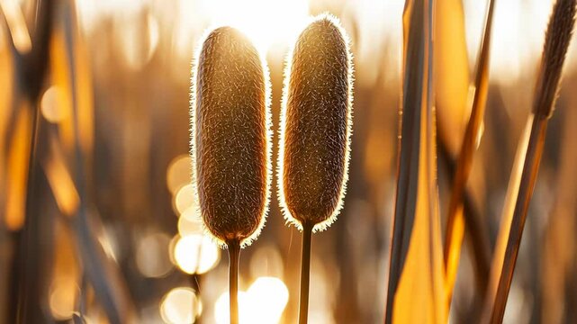 Sunlight illuminates cattails in a serene wetland during golden hour reflecting nature's beauty and tranquility