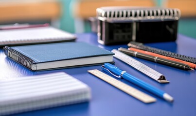 A collection of stationery items on a blue table for educational use.