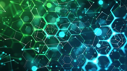 Obraz premium An abstract background with interconnected hexagonal patterns and glowing nodes in shades of green and blue
