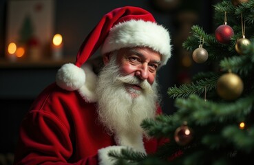 Jolly Santa Claus Decorating Christmas Tree, Festive Holiday Scene with Red Costume and Ornaments