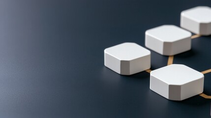 management framework conceptual. Minimalist white shapes connected by rubber bands on a dark surface.