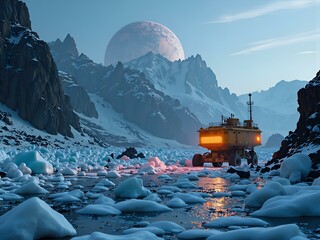 Exploring icy frontiers under a distant moonlit sky, digital art of fantasy landscape concept.