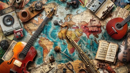 Vintage musical instruments & travel items on a world map.
