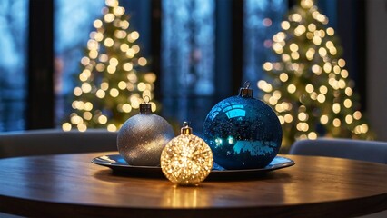 Minimalist wooden table with dreamy Christmas decorations and festive bokeh background