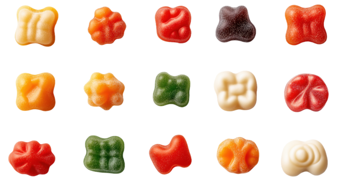 PNG Assorted colorful gummy candies in various shapes