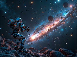 Obraz premium A robotic adventurer gazing at a distant galaxy in the depths of space, digital art of sci fi concept.