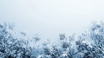 Frost-covered branches in a serene winter landscape with a soft blue sky, evoking a tranquil and cold atmosphere.