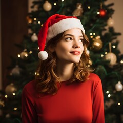 A portrait of an attractive young woman standing in front of a Christmas tree