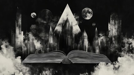 Surreal fantasy cityscape emerging from an open book beneath a moonlit sky