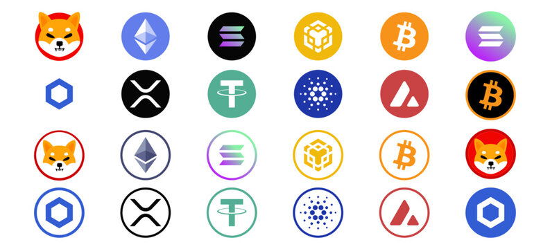 Cryptocurrency Logos and Symbols. Bitcoin, Ethereum, Dogecoin, Chainlink, Solana, XRP and More. Set of Cryptocurrency Token Logo Icons