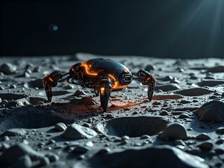 Futuristic robotic explorer on an alien moon surface captured in stunning detail, digital art of sci fi concept.