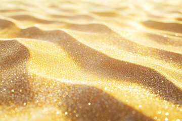 golden sand dunes shimmering under bright sunlight with tiny sparkling grains creating a...