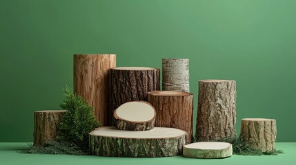 Wooden log slices and green foliage on green background.