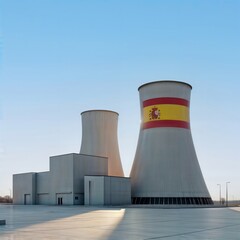 Obraz premium Nuclear power facility with flag of Spain and blue sky.