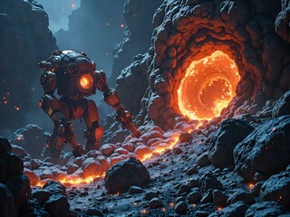 Exploring the fiery portal  a robot s journey through the lava caverns of an otherworldly realm, 3d render of futuristic landscape concept.