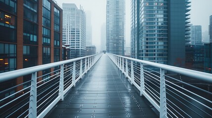 Obraz premium A modern pedestrian bridge with sleek railings, surrounded by tall buildings, minimalist and clean design with a pale gray background.