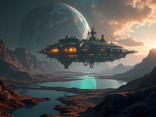 A majestic floating station above a tranquil alien landscape under a distant planetary sky, digital art of futuristic concept.
