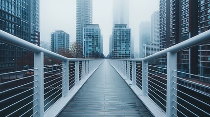 Obraz premium A modern pedestrian bridge with sleek railings, surrounded by tall buildings, minimalist and clean design with a pale gray background.