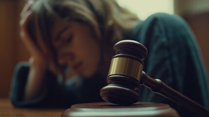 Close-up of a gavel and a judge in a courtroom with an anxious defendant in focus