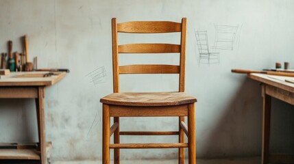 Rustic wooden ladderback chair in progress, surrounded by hand tools and rough sketches on the bench