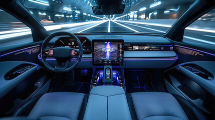 Electric Vehicle, interior of a moving electric vehicle, highlighting the advanced technology of electric vehicles through a touch screen, a camera display on the dashboard, and holographic controls.
