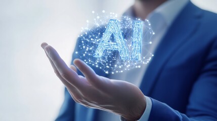 A businessman's hand with palm up, above it is levitating the letter "AI" in 3D and blue color