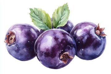 Obraz premium A watercolor illustration of three dark purple berries with green leaves.
