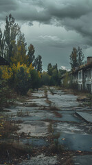 Abandoned Urban Area Overtaken by Nature on a Cloudy Day  