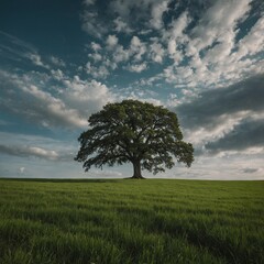 Obraz premium A lone tree in the middle of a vast green field.