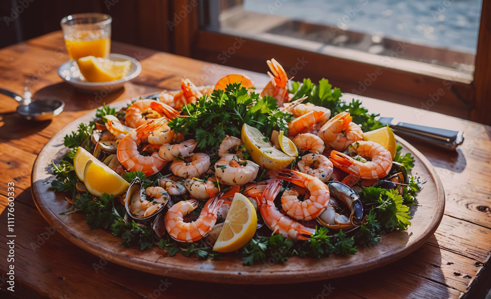 Aufkleber a large plate of shrimp and lemon is on a wooden table. the plate is full of shrimp and lemon, and t