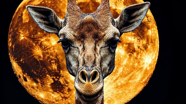 Majestic giraffe stares into the night sky with a glowing full moon behind