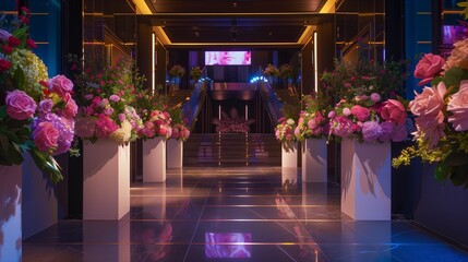 An exclusive gala screening event with a grand entrance adorned with flowers and elegant decor