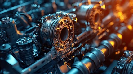 Close-up of intricate engine components, showcasing metallic parts and complex mechanisms.