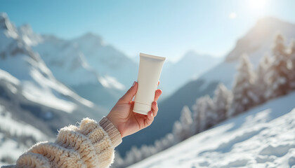 Hand holding a moisturizing cream tube in a snowy mountain landscape under bright sunlight
