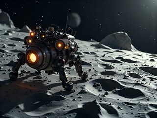 Exploring the lunar landscape  a futuristic robotic rover on a mysterious moon, digital art of science fiction concept.