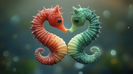 Fototapeta premium Two seahorses, one red and the other green 