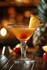 An cocktail with a hint of golden pineapple undertones, served in a chilled, elegant coupe glass, garnished with a fresh pineapple wedge resting on the rim and a bright red cherry on top.