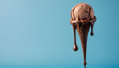 A small scoop of chocolate ice cream dripping down against a light blue background