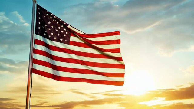 American flag waving at sunset with beautiful sky backdrop over a peaceful landscape