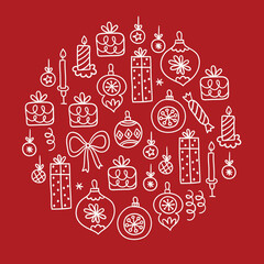 Fototapeta premium Christmas outline greeting card with gifts, candle, ball, bauble, bow, snowflake, candy on red background. Circle ornament. Perfect for seasonal holidays and winter decorations. Vector illustration
