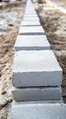 A row of gray concrete blocks arranged on sandy ground for construction.