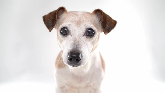 Adorable calm 14 years old gray haired dog face looking at the camera. expressive calm expectant look. Beautiful pet friend close u portrait video footage studio shot white background
