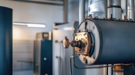 Industrial boiler room with metallic pipes and machinery, showcasing engineering precision in a modern facility.